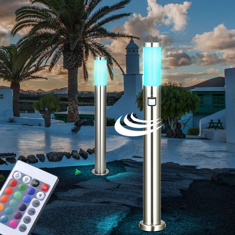 2er Set LED Außenstehlampen 1x Stehleuchte mit Bewegungsmelder Garten Wegeleuchte Edelstahl Außenlampe, E27 RGB LED warmweiß dimmbar, Garten Außenbereich
