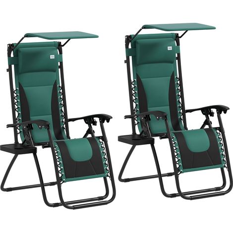 Zero Gravity Lounger Chair Set of 2, Folding Reclining Patio Chair with Shade Cover, Padded Seat, Cup Holder, Soft Cushion and Headrest for Poolside, Camping, Green (1/5)