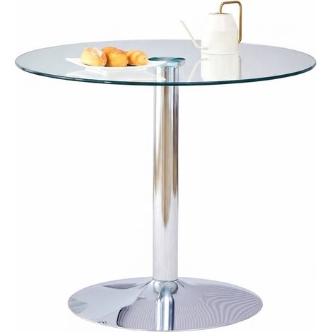 ELVMI Tavolo da Bar Rotondo in Vetro con Base in Metallo per Cucina e Caffetteria, 85 x 76 cm, Argento (1/5)