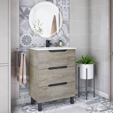 Mueble Bajo lavabo\ Sozop, 3 Cajones, Cierre Suave, Apertura Deslizante, 60x45x86h cm Roble Gris Marrón (1/5)