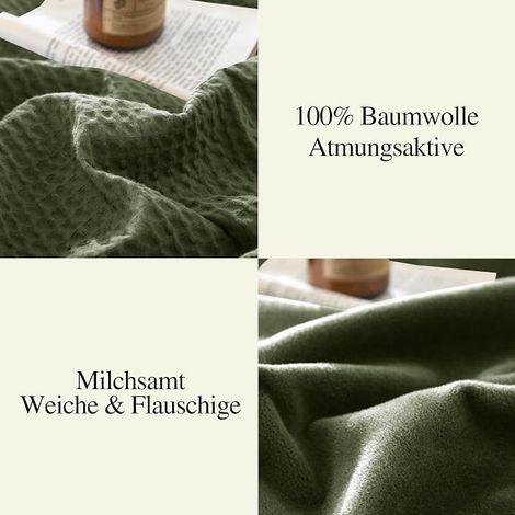 Couverture en coton - 150 x 200 cm - Couverture en coton et velours - Douce - Chaude - Pour canapé, lit - Olive (1/4)