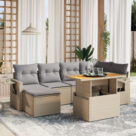 Set sofás de jardín 7 piezas y cojines ratán sintético beige vidaXL (1/3)