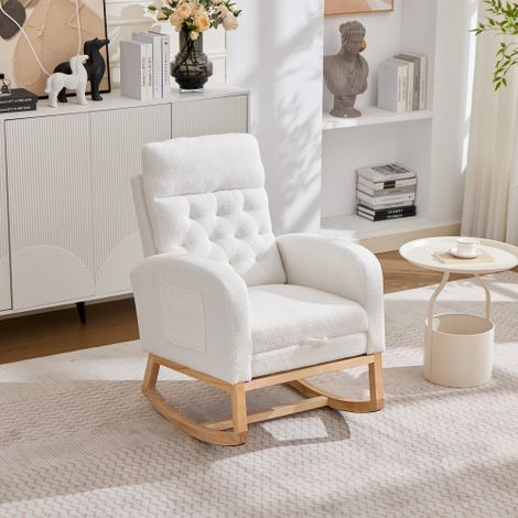 Sedia a dondolo in tessuto bouclé, sedia a dondolo per allattamento, poggiapiedi regolabile e tasche laterali, adatta per cameretta, camera da letto, soggiorno, bianca, 65,6 x 123 x 102 cm (1/5)