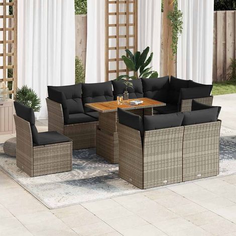 Set de sofás de jardín con cojines 9 pzas ratán sintético gris