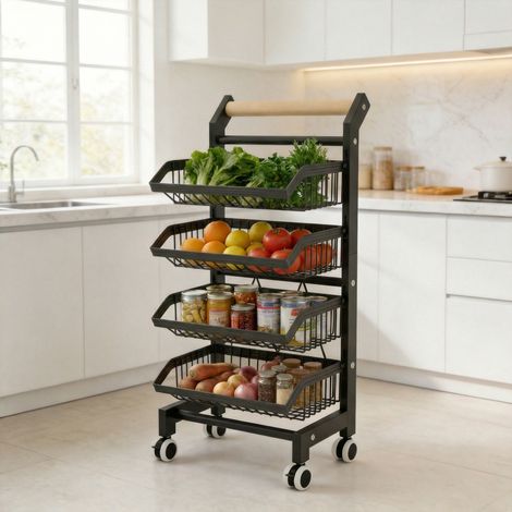 Chariot de rangement cuisine à roulettes, étagère fruits & légumes 3 niveaux - paniers métalliques amovibles - freins - acier carbone, poignée bois - 42×32×69 cm - Noir, 3 niveaux (1/5)