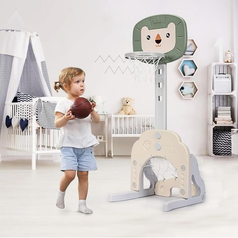 COSTWAY Basketball Hoop Set, 3 in 1 Sports Activity Center with Basketball, Soccer Ball & Golf Set, Height Adjustable Basketball Stand Best Gift for Baby Toddler (Beige+Green) (1/5)