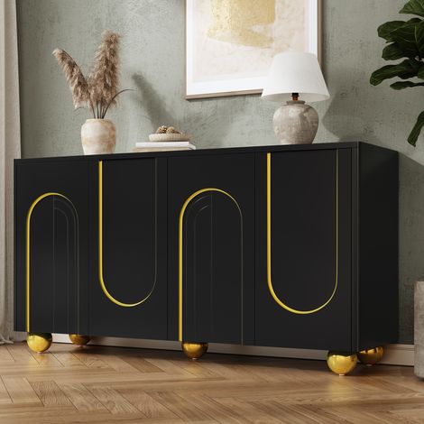 Mobile a 4 ante 140x40x74 cm, con linee ad arco dorate, 2 vani con ripiani, MDF e truciolare nero (1/5)