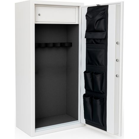 Armadio Portafucili Blindato Per Armi In Acciaio Con Serratura Digitale E Chiave Tasca Porta Oggetti Tesoretto Cassaforte Sicura 10 Posti Bianco Frassinato 148x53.5x32 Cm (1/3)