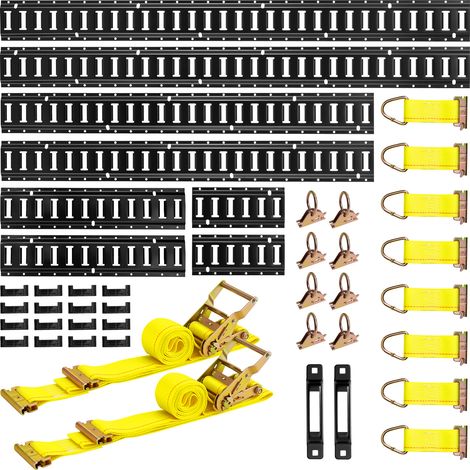 VEVOR Kit Rails Arrimage E-Track, 8 Rails (1,5 m + 1,2 m + 0,6 m + 0,3 m), 36 Accessoires dont 2 Sangles a Cliquet 8 Joints Toriques 8 Attaches D 2 Fentes Simples 16 Embouts, pour Fourgons Remorques
