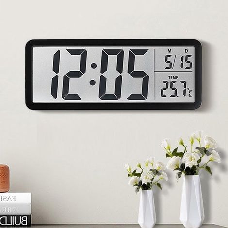 Réveil numérique avec écran 8 pouces – Heure, température, date – Alimentation USB/piles – Noir – Salon et chambre (1/5)