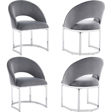 4 sillas de comedor de terciopelo gris con patas de metal plateado, estilo moderno (1/5)