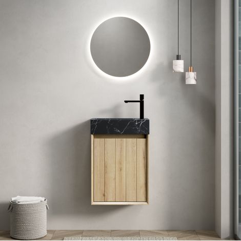 Meuble vasque suspendu moderne 40 cm avec vasque intégrée en marbre noir, 1 porte, finition chêne blanc (1/5)