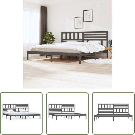 The Living Store Cadre de lit sans matelas bois massif de pin gris 200x200 cm - Cadre De Lit - Lit Plateforme - Lit Bois Massif - Lit Design - Chambre À Coucher (1/5)