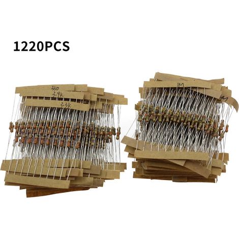 Lot de 1220 résistances en carbone 1/4 W 5 % (0,33 Ω - 4,7 MΩ) 122 valeurs de résistances métalliques étiquetées individuellement. (1/5)