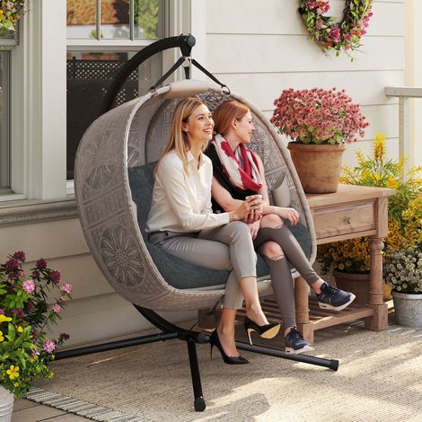 Fauteuil suspendu avec support. Balancelle ovoïde avec coussin amovible et lavable. Hamac pour 2 personnes. Balancelle d'intérieur/extérieur. Sable et noir.