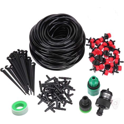 Kit de riego por goteo de 15 m, sistema de riego automático ajustable, sistema de nebulización de riego por goteo de microflujo para el jardín del hogar y el patio (1/2)