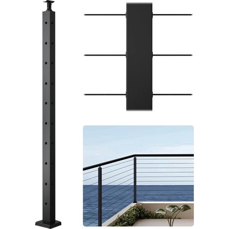 Poteau Garde Corps, 914 x 25,4 x 50,8 mm, Poteau Rampe d'Escalier à Câble avec Trous Pré-percés L, Support Horizontal et Incurvé, pour Main Courante, Balustrades, Noir, 1JZLGZXHS914IVCFL001V0 (1/5)