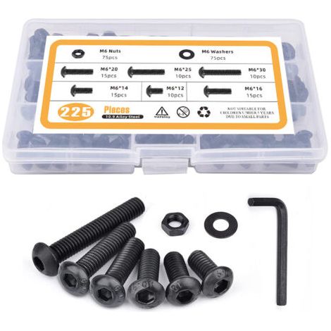225pcs tête ronde vis hexagonale intérieure, M6 tête de disque vis hexagonale intérieure écrou plat mat boulon boîte (1/5)