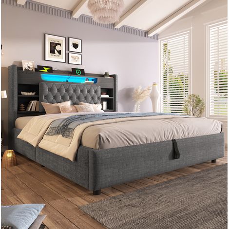 Letto contenitore 223x188x115 cm con LED e porte USB C, testiera con ripiani, rivestimento in lino, grigio (1/5)