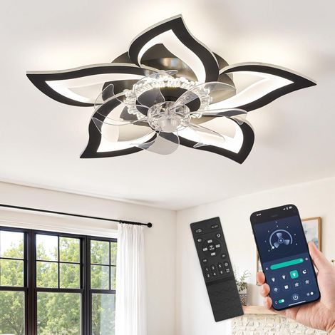 Lustre Ventilateur de Plafond, Plafonnier Ventilateur Silencieux Floral 69cm, Moteur CC Inversible 6 Vitesses, LED Dimmable, APP Bluetooth pour Chambre, Cuisine et Salle à Manger, Blanc (1/5)