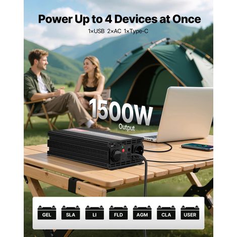 Convertisseur Pur Sinus CC 12 V vers CA 230 V Onduleur Sinusoïdal Pur 1500 W, avec Télécommande Filaire, Port USB et Type-C, 2 Pris… (1/5)
