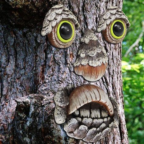 Visage arbre, Décoration pour arbre, 4 pièces, motif esprit de la forêt, déco jardin, à suspendre, brun (1/5)