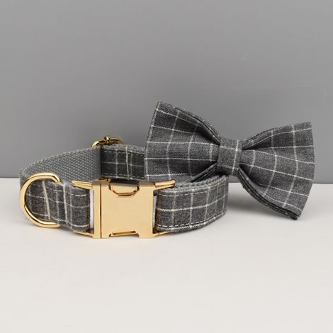 Collier pour chien à carreaux avec nœud papillon, ajustable, S, gris (1/2)