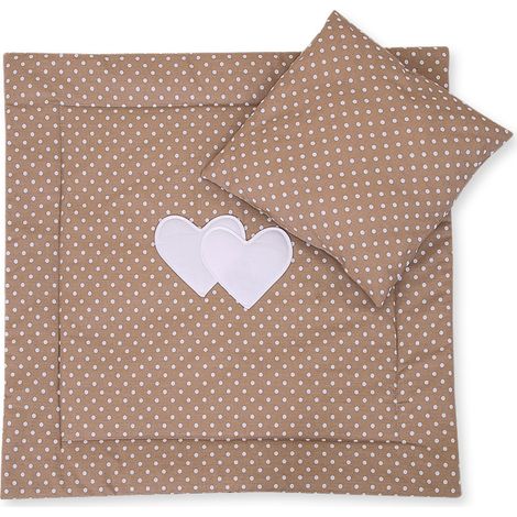 Ropa de cama para cochecito con relleno, edredón y almohada - Corazones y lunares sobre fondo marrón
