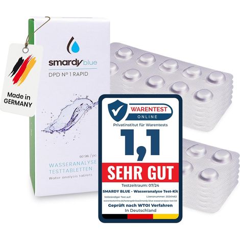 smardy 120 Pastilles de Test Rapide DPD1 (Chlore Libre) pour Piscine, Whirlpool & Aquarium, Analyse précise Eau Potable, Jacuzzi & Spa, Comprimés Made in Germany (1/5)