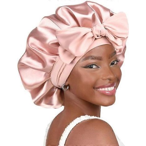 Bonnet en satin et soie pour dormir, double épaisseur, doublé de satin, avec lien, pour femmes aux cheveux bouclés naturels, rose et blanc. (1/4)