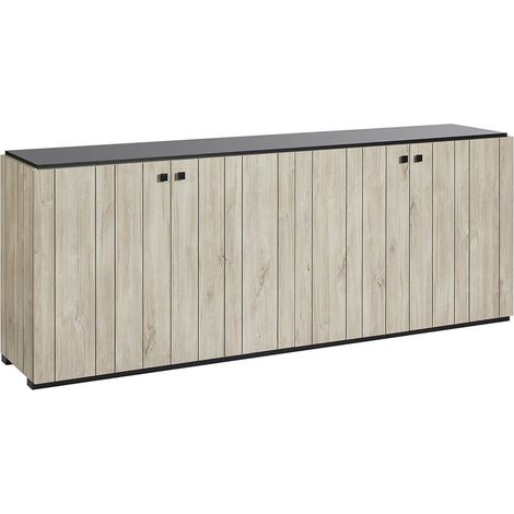 Buffet 4 portes aspect lames de bois finition Beach et plateau noir - THOMAS