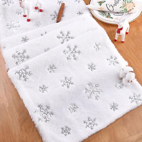 Napperon de table en fourrure blanche, Napperon de table de Noël flocons de neige argentés, Décoration de table de cuisine et salle à manger d'hiver pour vacances de Noël (1/4)