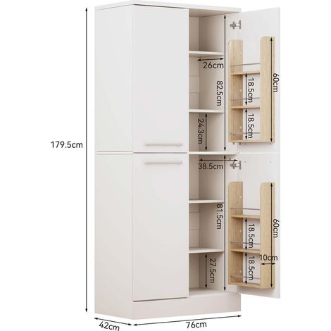 Meuble de rangement 76 x 42 x 180 cm blanc finition brillante 4 portes étagères réglables en hauteur poignées métal design (1/5)