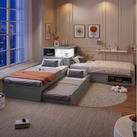 Plattformbett 90x200 mit Ausziehbett, Schiebetüren und Nachtlicht, Grau OKMYHOME (1/5)
