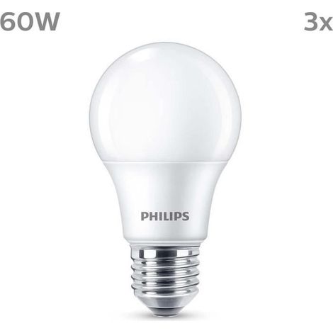Philips – Ampoule LED E27 60W – Blanc chaud dépolie – Non-dimmable – Lot de 3 – Durée de vie 30 000 heures