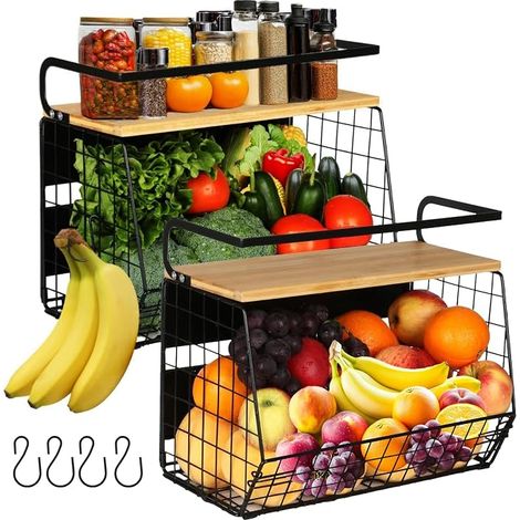 2 Sets Etagere Magnetique Frigo & Porte-épices 2 In 1 Range Legumes Cuisine, Rangement et Organisation de Cuisine, Fruits et Legumes, Corbeille Fruit Panier, Epices, Panier Mural (1/5)