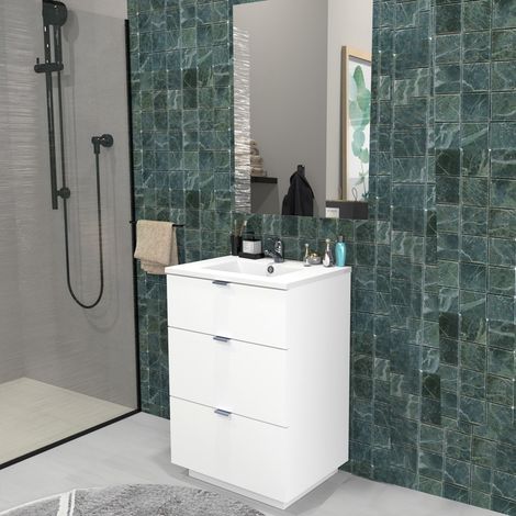 Le Quai Des Affaires – Meuble sous-vasque 3 tiroirs 60 cm – Vasque résine blanc brillant – Miroir L70 x H100 cm – Coulisses amorties pour rangement optimisé