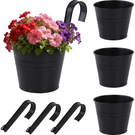 Lot de 4 Pots suspendus, Acier galvanisé, Trou de drainage, Noir ou Blanc, Intérieur Extérieur (1/5)