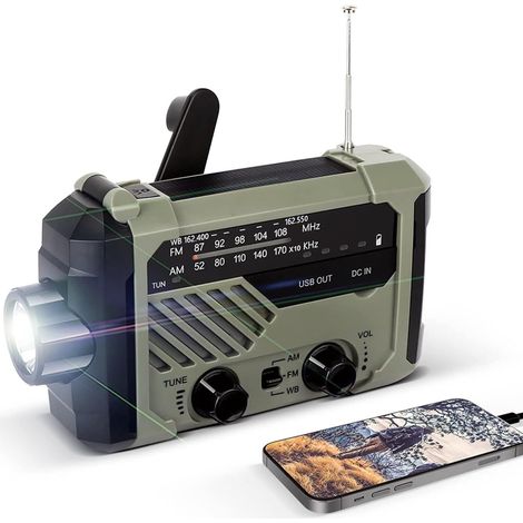 Radio Solaire de Survie Dynamo 2000mAh - Urgence AM/FM, Lampe Torche, SOS, Powerbank, Manivelle - Kit Idéal Camping Randonnée