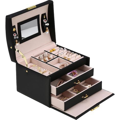 Boîte à Bijoux 3 Niveaux avec 2 Tiroirs, Coffret en Cuir PU avec Serrure, Rangement pour Montres, Bagues, Colliers, Doublure Velours (1/5)