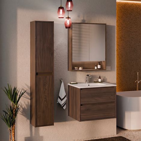 Conjunto mueble con lavabo empotrado 60cm columna y armario con espejo Edmé Madera oscura (1/4)