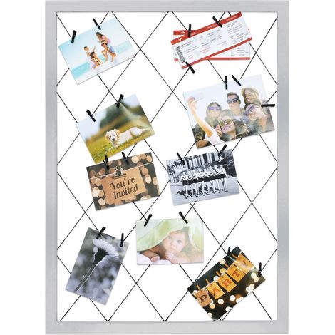 Holz Bilderrahmen weiß mit Gummileinen - 75 cm x 55 cm - Foto Collage Rahmen mit 20 Holzklammern - Gitter Fotohalter