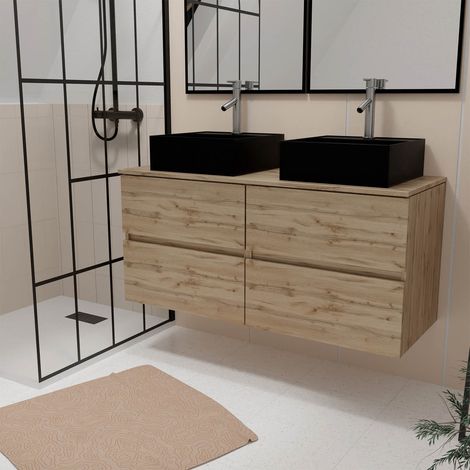 Mueble de Baño 120cm 4 Cajones Roble Natural + 2 Lavabos Negros 41x41x15cm