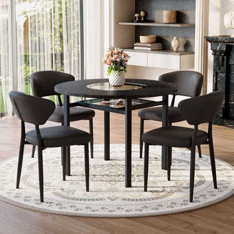 Esstisch-Set rund mit Glasablage 100 cm MDF Schwarz OKMYHOME (1/5)