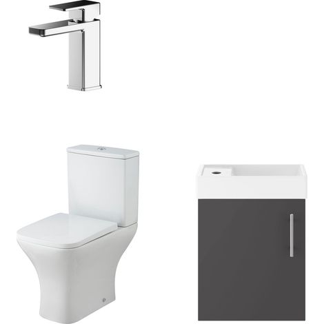 Freehay Cloakroom Set - Wall Hung Vanity Basin Unit, Toilet Pan, Cistern, Seat & Mini Basin Tap - Gloss Grey/Chrome - Balterley (1/5)