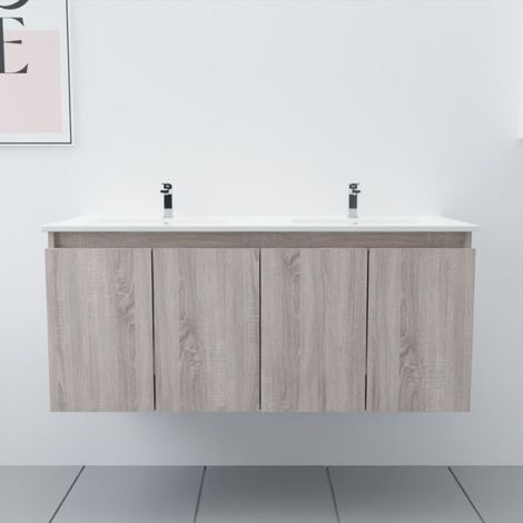 Cuisibane – Meuble double vasque 120 cm – Plan vasque en céramique – 4 portes battantes avec amortisseurs – Installation suspendue (1/5)