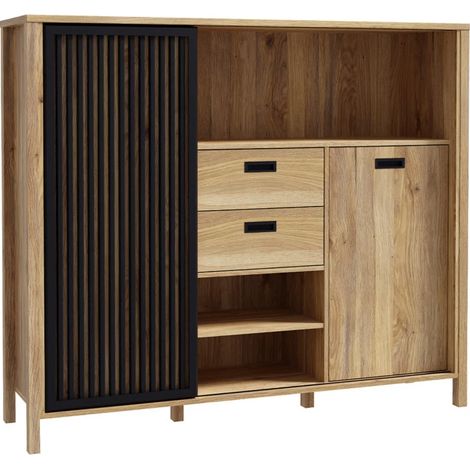 Armoirette 150 cm décor chêne porte coulissante ajourée noire - SELENA (1/5)