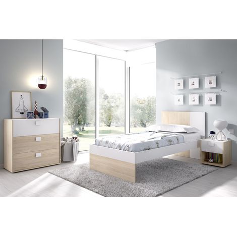 DEKIT GRUPO RIMOBEL DINA PACK - CONJUNTO DE CAMA 190X90, MESITA DE NOCHE Y COMODA DE 3 CAJONES - NATURAL / BLANCO (1/5)