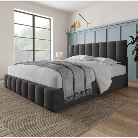 FLORAGRACE Lit adulte hydraulique 140x200 cm en tissu gris, avec tête de lit réglable et matelas inclus (1/5)