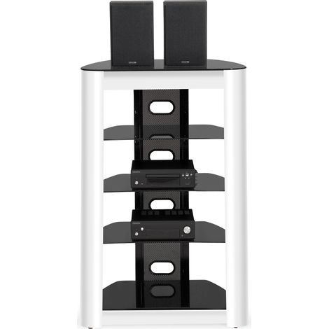 Homeology ZINNIA 5-Tier Black Glass Shelves with Gloss White Facia Entertainment Unit Audio Rack Stand